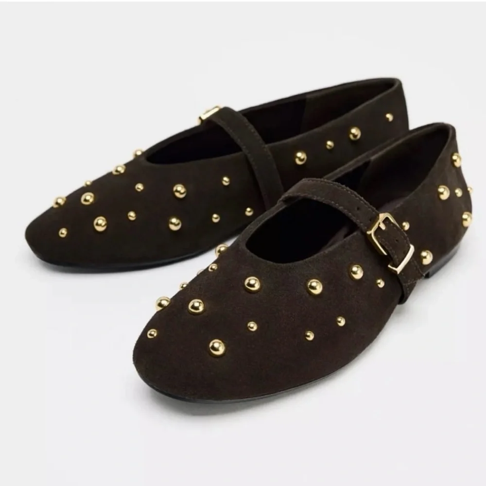 Zara Brown suede gold stud studded Mary Jane flats. Excellent condition! - Picture 8 of 8